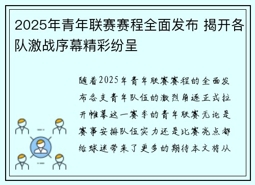 2025年青年联赛赛程全面发布 揭开各队激战序幕精彩纷呈