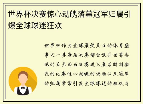 世界杯决赛惊心动魄落幕冠军归属引爆全球球迷狂欢