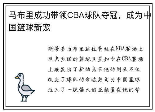 马布里成功带领CBA球队夺冠，成为中国篮球新宠